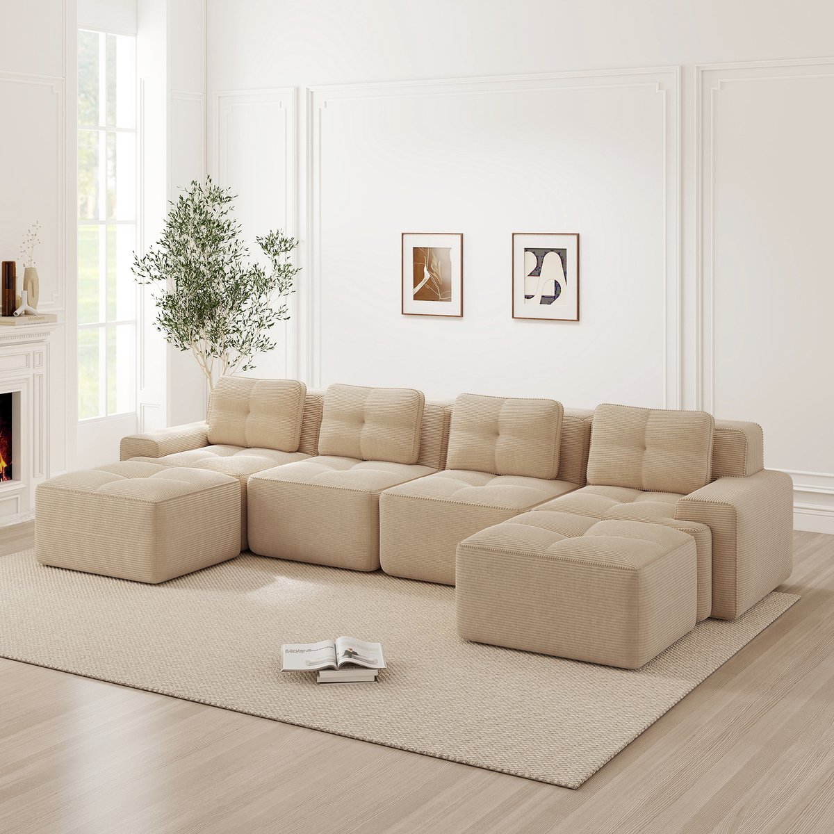 U Vormige Hoekbank - Modulaire Bank 4 Personen - Ribcord Cloud Sofa Beige - Extra Diepe Zitbank - Comfortabele Lounge Sofa
