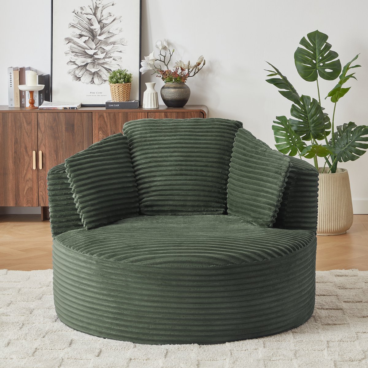 Ronde Lounge Fauteuil - Chenille Cloud Chair Met Diepe Zit - Comfortabele 1-Zits Relaxstoel Met Pocketveren En Schuim - Ergonomische Stoel Voor Woonkamer En Slaapkamer - Groen