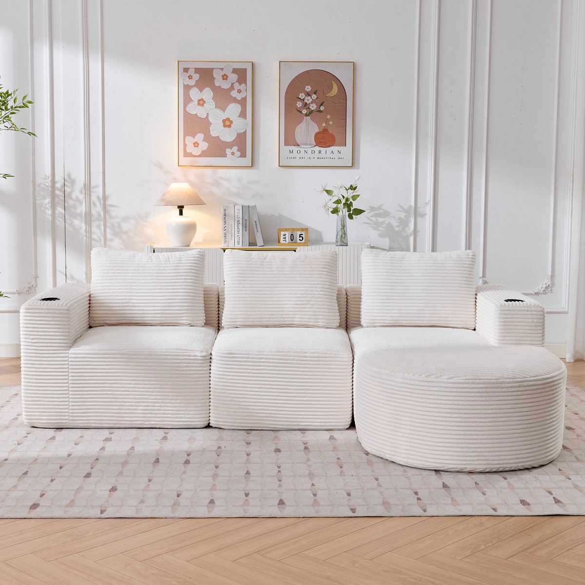 Driezitsbank 265cm met drie kussens - Polyester Bank Met Comfortabele Vorm - 265x176x60 cm, Beige