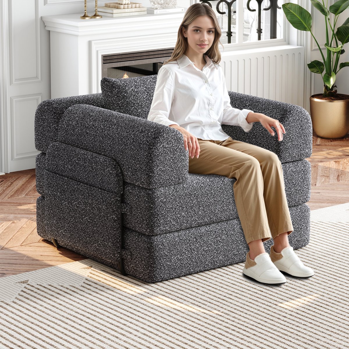 1 Persoons Slaapbank - Chenille Fauteuil Bed - 2 In 1 Uitklapbare Bank Met Armleuning Opbergruimte - Stevig Metalen Frame - Modulaire Lounge Stoel Voor Woonkamer - Grijs