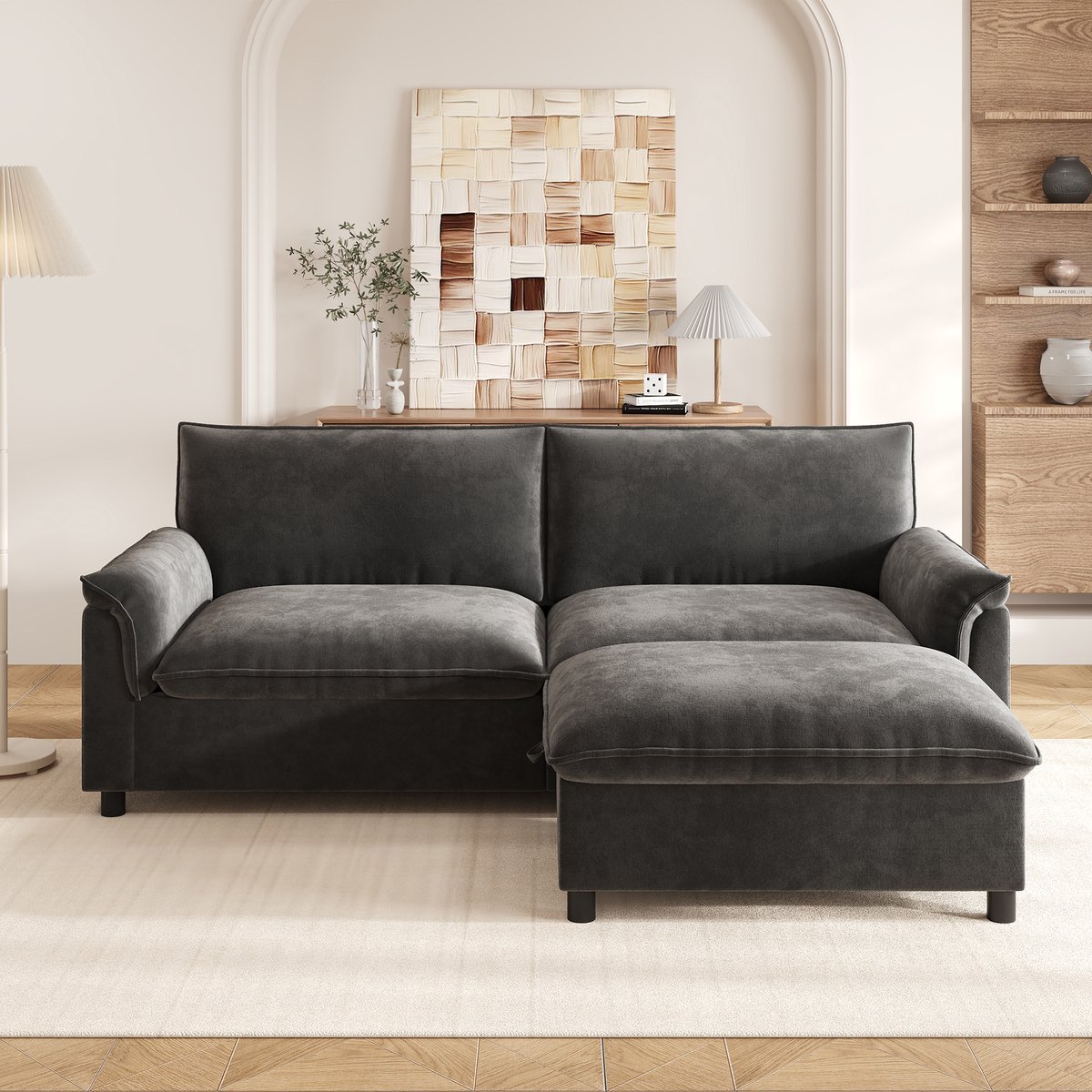 VVBV Hoekbank 216x77x82 cm - L-Vorm, Opbergruimte, Met Planken - Zwart, Chenille