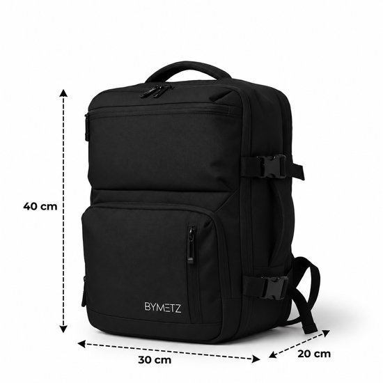 Zwarte BYMETZ rugzak van 40x30x20 cm met laptopvak van 15,6 inch.