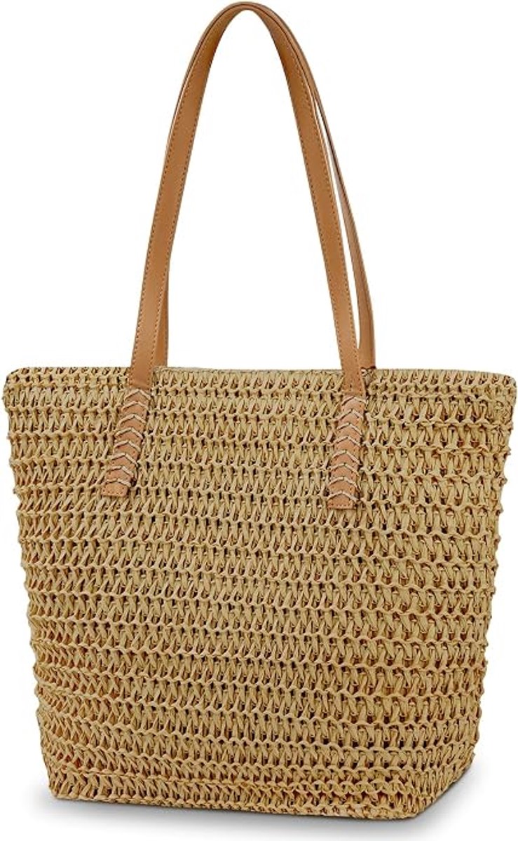 Dameshandtas van gevlochten gras, strandtas, grote handtas met ritssluiting, zomerse schoudertas in bohemienstijl, geschikt voor buitenactiviteiten, reizen en het strand