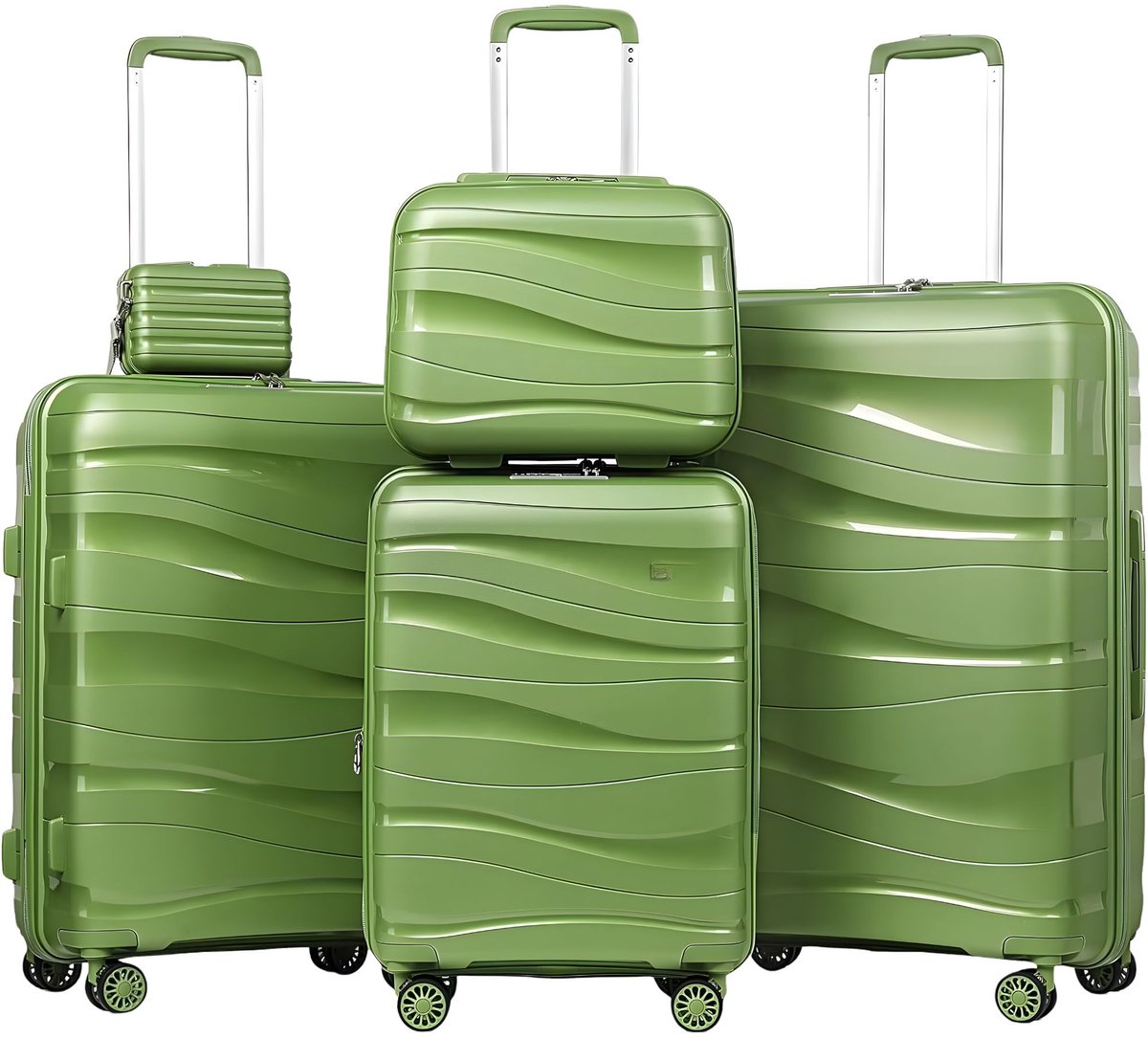 Reisbagageset – Voor vakantie en zakelijk gebruik – Lichtgewicht met harde schaal, cosmeticakoffer en minidoos, TSA-slot – Groen, duurzaam materiaal (bijv. 55 cm, 68 cm, 78 cm, 35 cm, 20 cm)