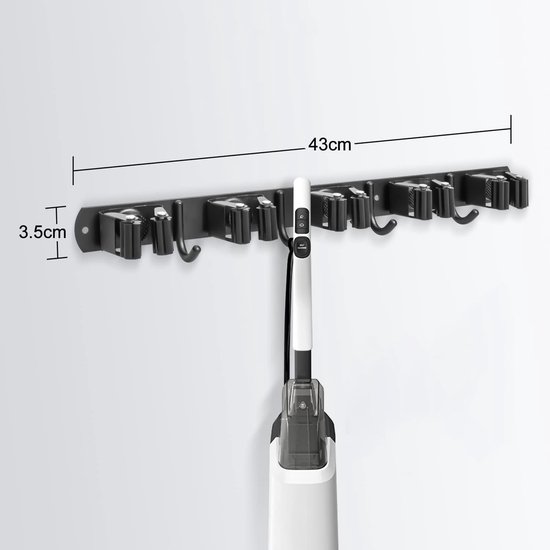 Wandbezemhouder - Gereedschapsrek - Wandopbergsysteem - Keukenmophouder - 5 houders - 4 haken - 304 roestvrij staal - Geen boren nodig - 3M tape - Zwart — afbeelding 3