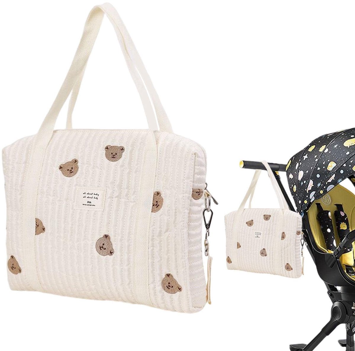 Geborduurde babyluiertas - universele draagbare luiertas voor baby's pasgeborenen - elegant met schouderriem beige