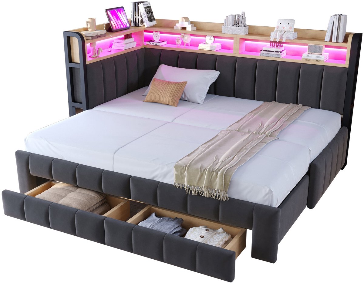 Merax Slaapbank 90 x 200 cm - Uitschuifbaar Tot 180 x 200 cm - Opbergruimte - LED Verlichting - USB en USB-C - Fluweel - Donkergrijs