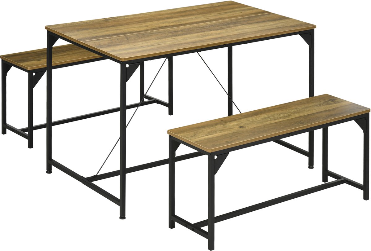 Eettafel met 2 banken, set van 3 meubels, eettafel 70 x 120 x 75 cm, 2 banken 100 x 30 x 45 cm, stalen frame en geschikt voor de keuken, eetkamer en woonkamer,Natuurlijke kleuren en zwart