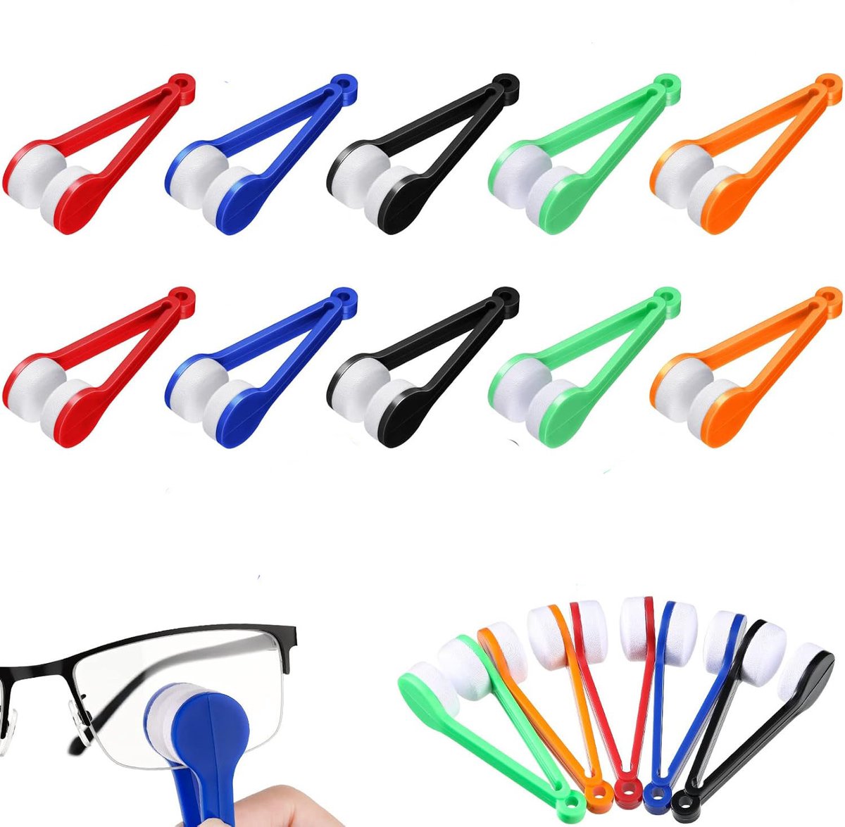 10 stuks Mini-brillenreinigers – Lensreinigingsclips – Zachte microvezelborstels – 360-graden allround lensreiniging – Geschikt voor brillen, zonnebrillen en meer – Diverse kleuren