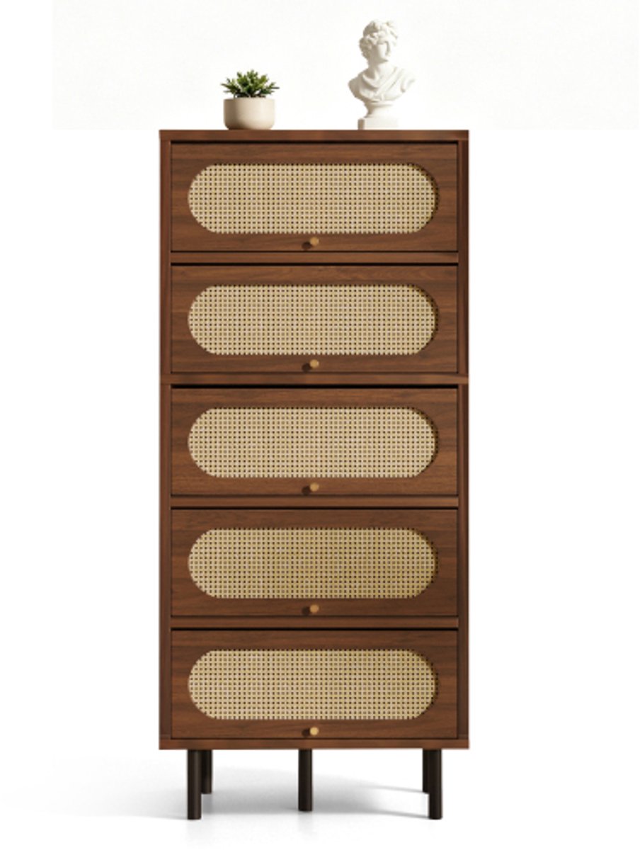 Colamy Hoge Kast met Rattan Details 80x40x163 cm – Moderne Nootkleurige Opbergkast - 5 Deuren - Metalen Poten - Grote Opbergruimte voor Woonkamer-Hal en Keuken