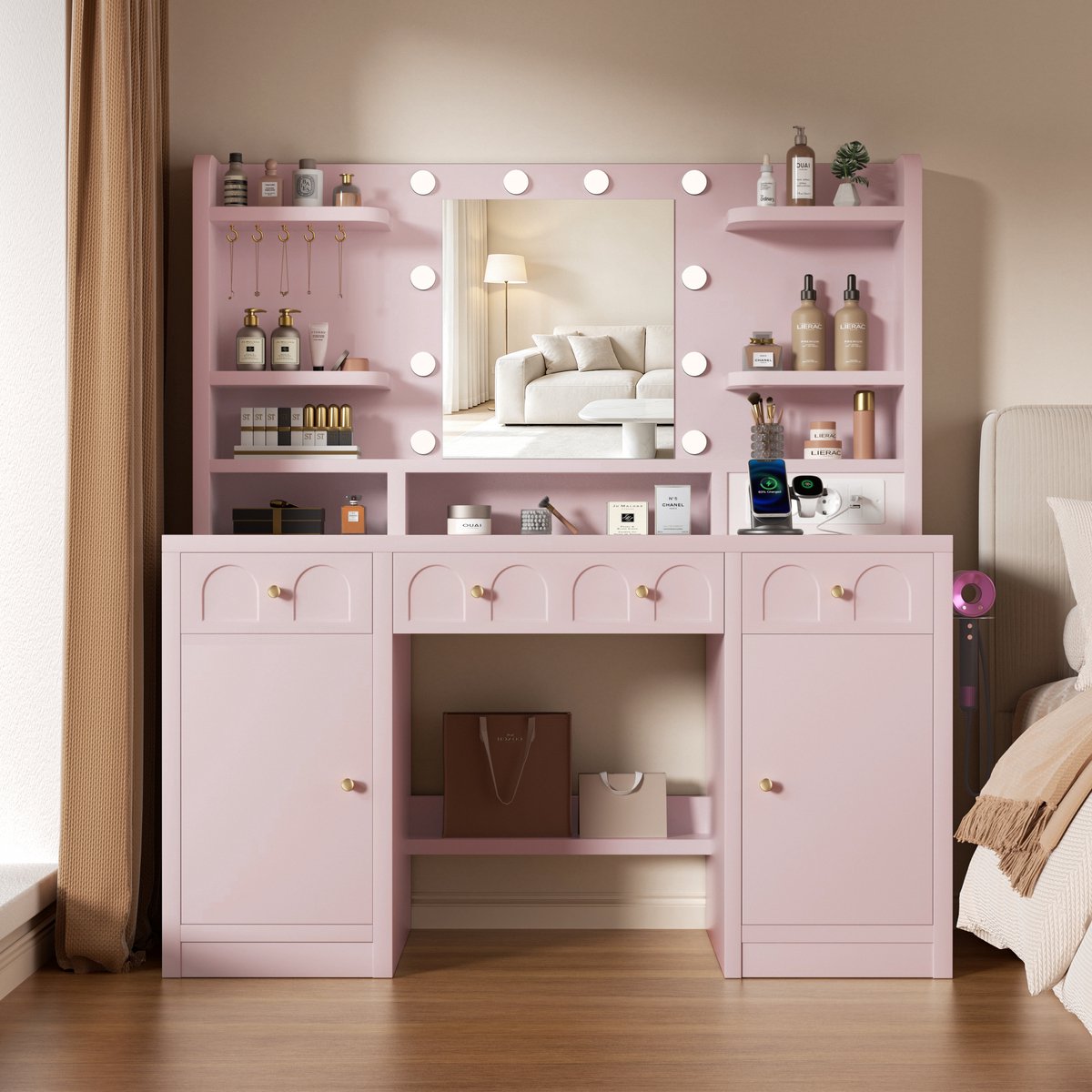 Lexzurn Kaptafel - make up tafel met spiegel - 3 soorten LED-verlichting - Met kettinghaken - met haak voor föhn - met stopcontact en USB-poorten - 140x107x40 cm - geschikt voor slaapkamers en kleedkamers - roze