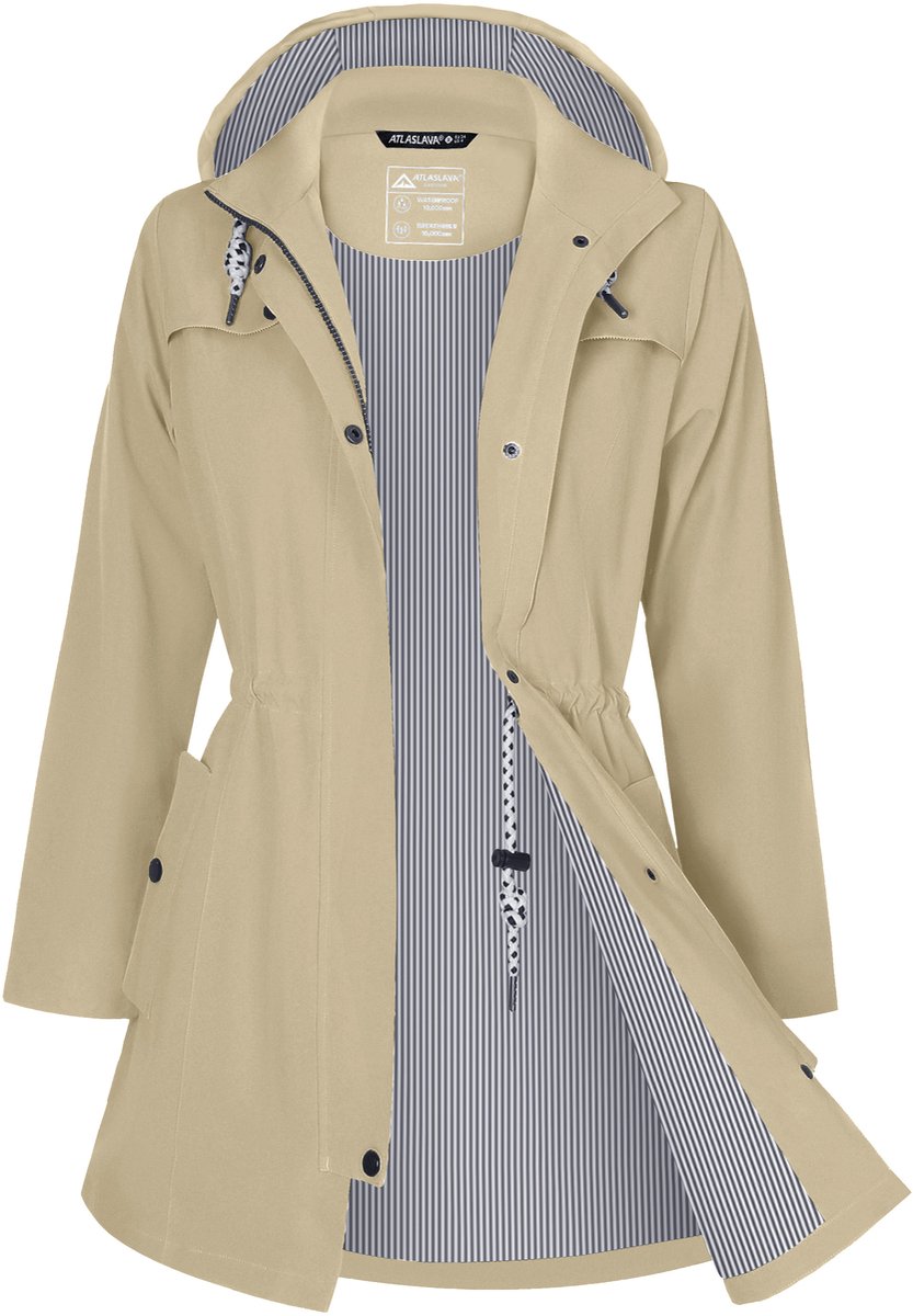 ATLASLAVA Regenjas Dames Lang Waterdicht Ademend Regenmantel Overgangsjas Capuchon Outdoor Jas,Maat XL,Khaki