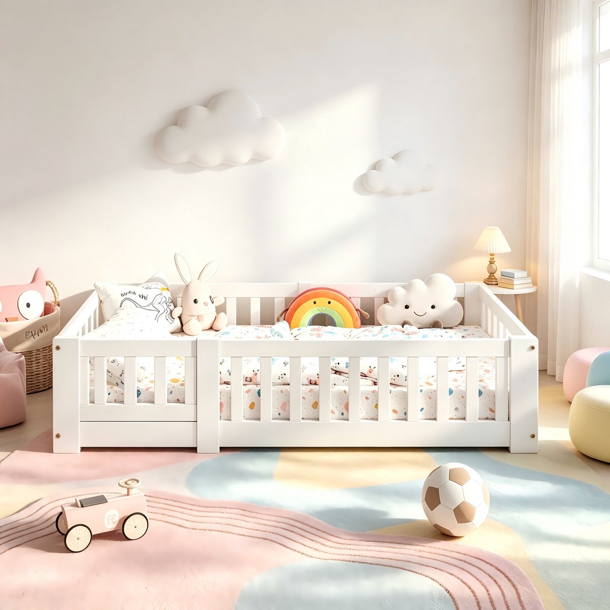 ROSAHQNDA Montessori Kinderbed 90x200 cm - Vloerbed met Uitvalbeveiliging en Lattenbodem - Eenpersoonsbed - Hout - Wit