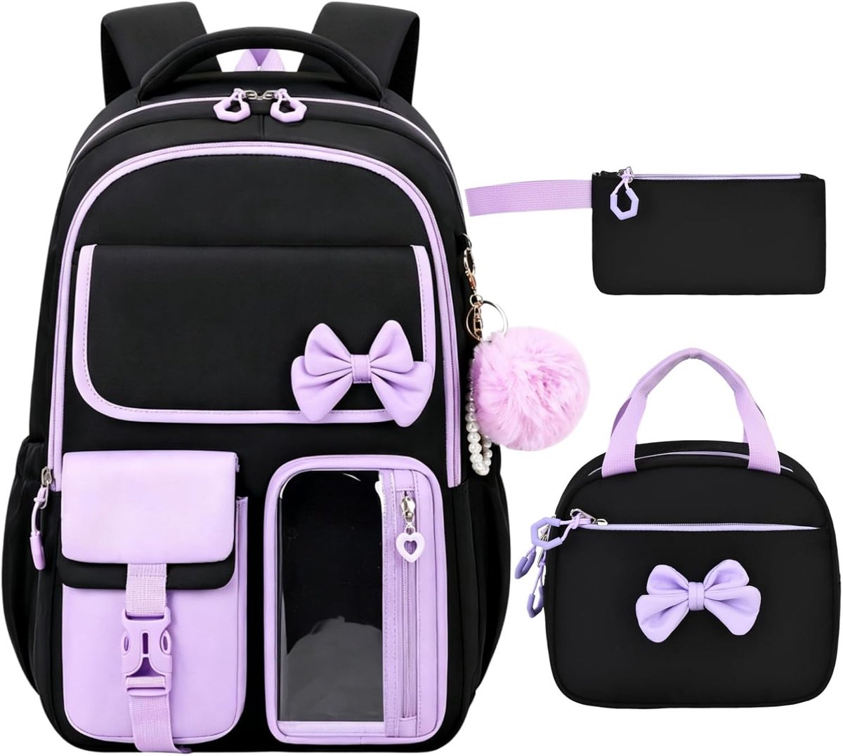 Rugzak - Meisjes Schoolrugzak met Lunchtas en Pencilcase - Kawaii Strik Design met Zwarte Strik - Geschikt voor School en Dagelijks Gebruik - Zwarte en Paarse Kleur