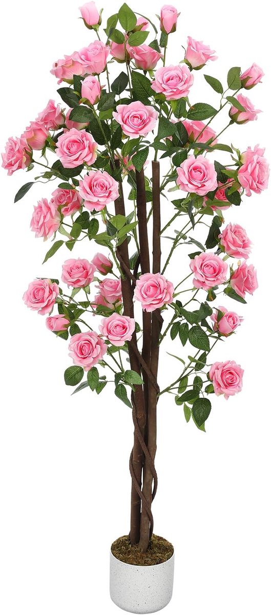 Triumpunpre - professionele kunstrozenboom - 150cm roze drie houtstammen 21 bloemen met pot voor groot decor