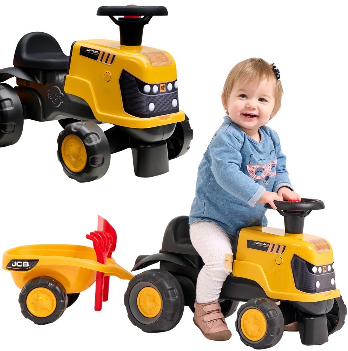 Falk Ride-on Jcb Fastrac Tractor With Trailer Shovel And Rake 1-3 Years - UNI