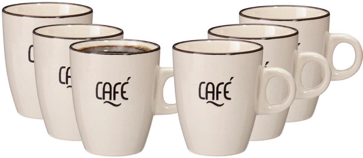 Siaki koffie kopjes Barista Cafe - 6x stuks - creme wit - 220 ml - mokken - keramiek - 10 cm - met koffie thema teksten