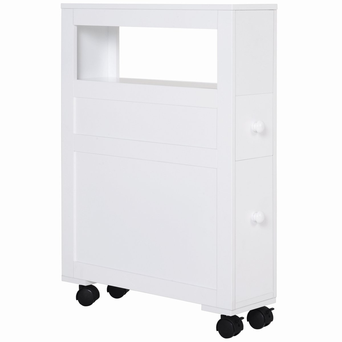 Badkamermeubel op wieltjes – smal toiletmeubel – met open plank en 2 lades – draagvermogen 20 kg – afmetingen 16 x 52 x 71,5 cm – wit