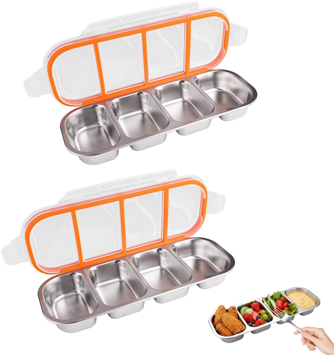 Solidchoice - 2 Stuks Roestvrijstalen Snackcontainers, Lekvrije Snackboxen met 4 Vakken