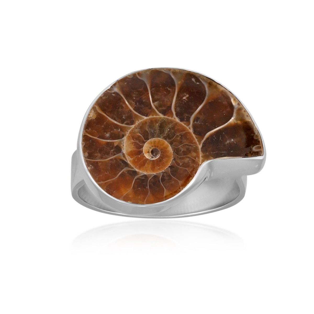Cavill - Zilveren Ring met Ammoniet 12 ct Fancy Slijpsel - 925 Sterling Zilver - Statement Ring Madagaskar - Elegant Bezel Zetting