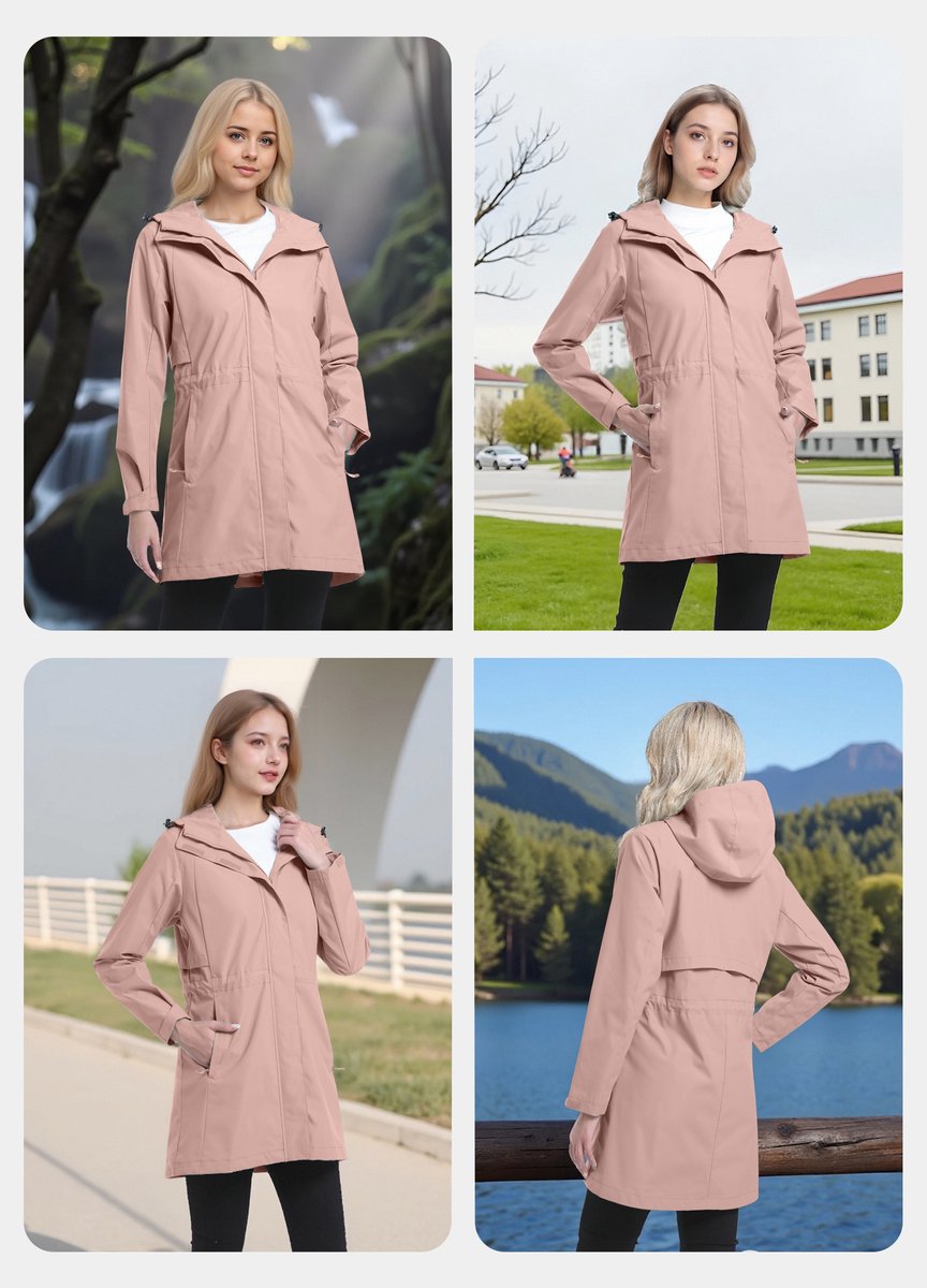 ATLASLAVA Regenjas Dames Lang Softshelljas Regenmantel Waterdichte Jas Trenchcoat Windbreaker Lichte Overgangsjas Mantel,Maat L,Roze
