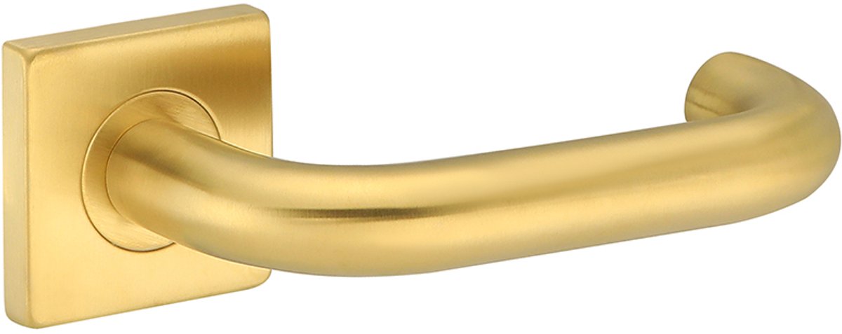 Deurkruk (2x) Leonardo rond model u 20mm haaks op vierkant rozet geborsteld messing PVD gecoat | Ronde deurklinken