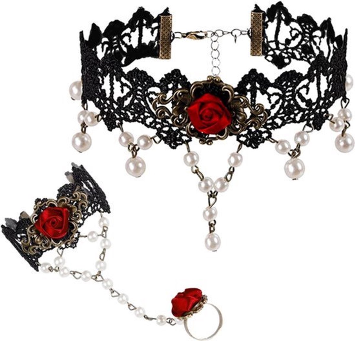 Gothic Choker Kant Halsketting met Roos Armband en Ring Set - Victoriaanse Halsketting