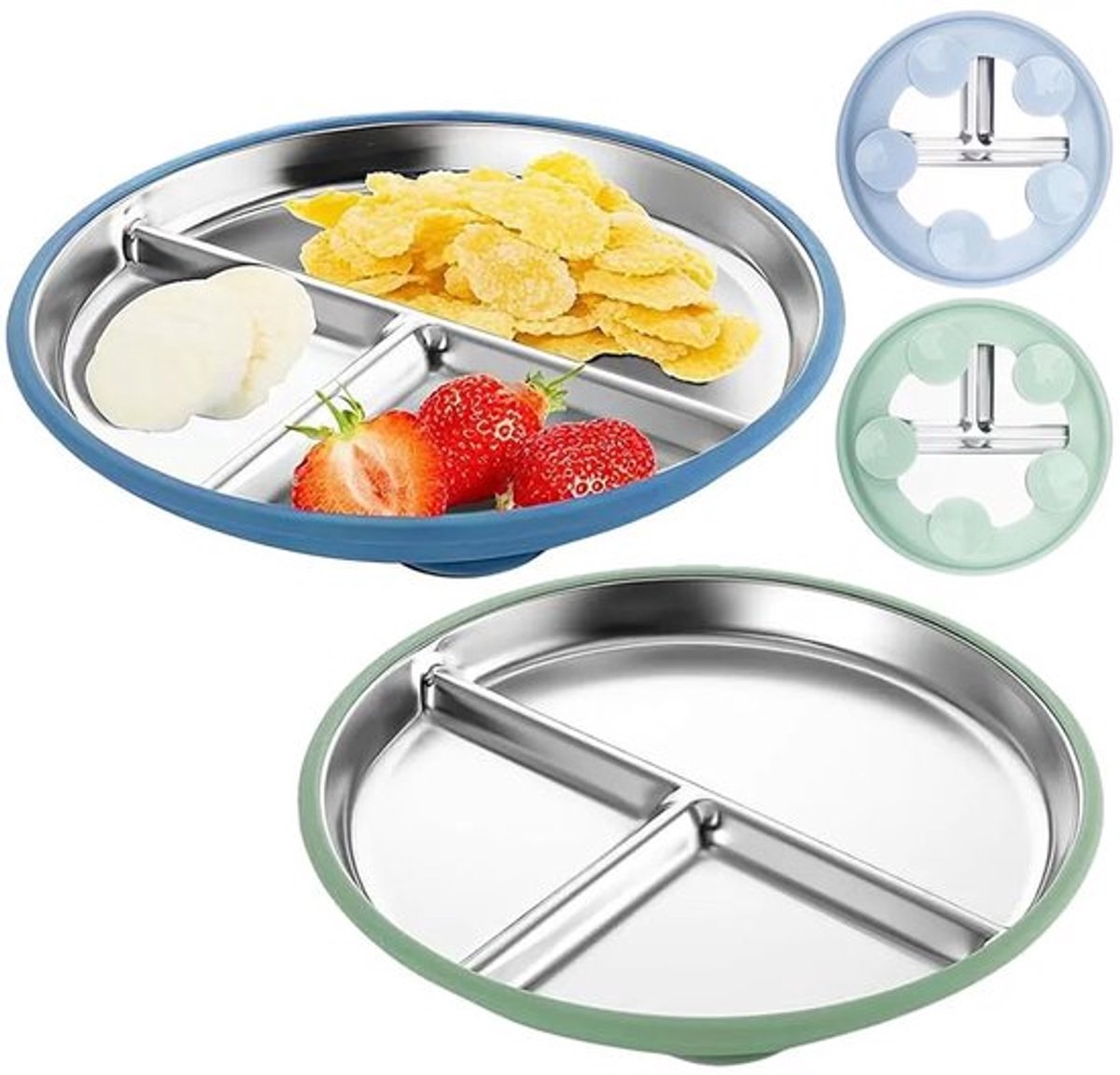 Deze set bevat twee kinderbordjes met zuignapjes, gemaakt van roestvrij staal, antislip, BPA-vrij en met een afneembare siliconen bodem. De bordjes hebben vakjes en zijn geschikt voor kinderen.