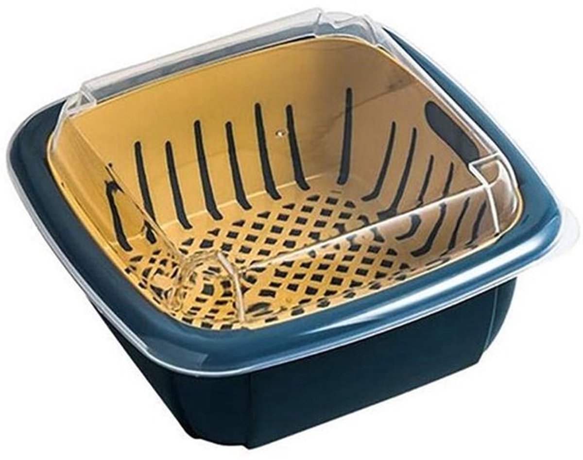 3 in 1 Zeef en Vergiet Kom Set, Keuken Vergiet met Deksel Multifunctionele Dubbele Laag Mand Opslagcontainers voor Fruit Groente Wassen (Blauw)