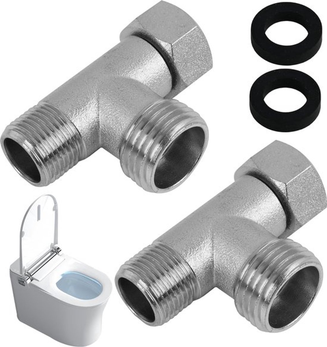 2 stuks roestvrijstalen wateraansluiting T-stuk 3/8 inch 1/2 inch wateraansluiting T-stuk, 3-weg toiletkraan, voor toilet en huishoudelijke loodgieterswerk