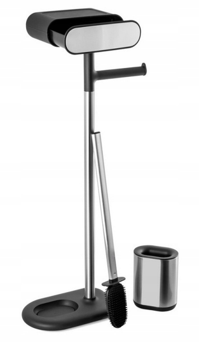 Merkloos Toiletrolhouder met Borstel en Telefoonplank - Zwart/Zilver