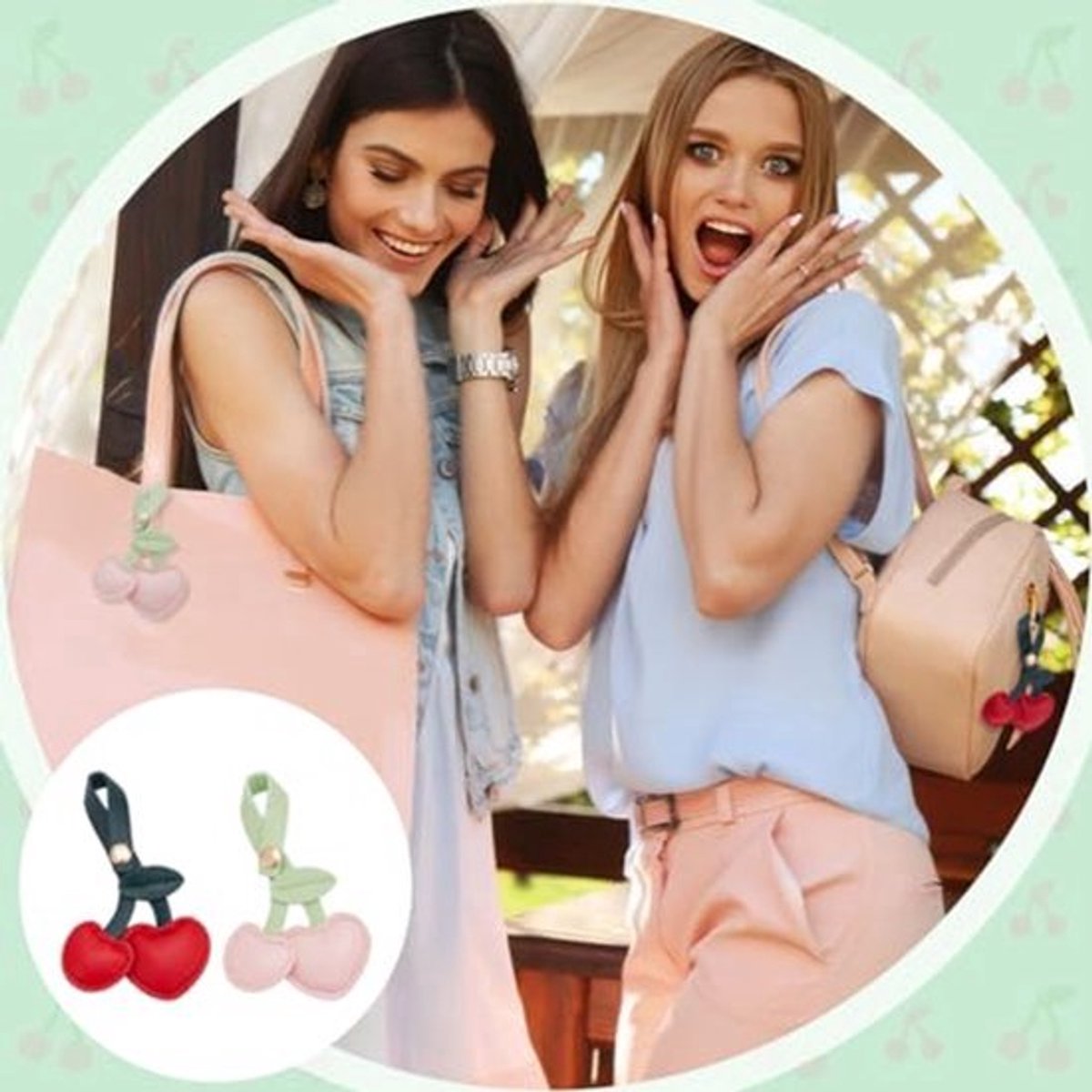 2 Stuks Cherry Bag Charms - PU Leren Sleutelhangers - Rood en Roze - 11x6.8cm