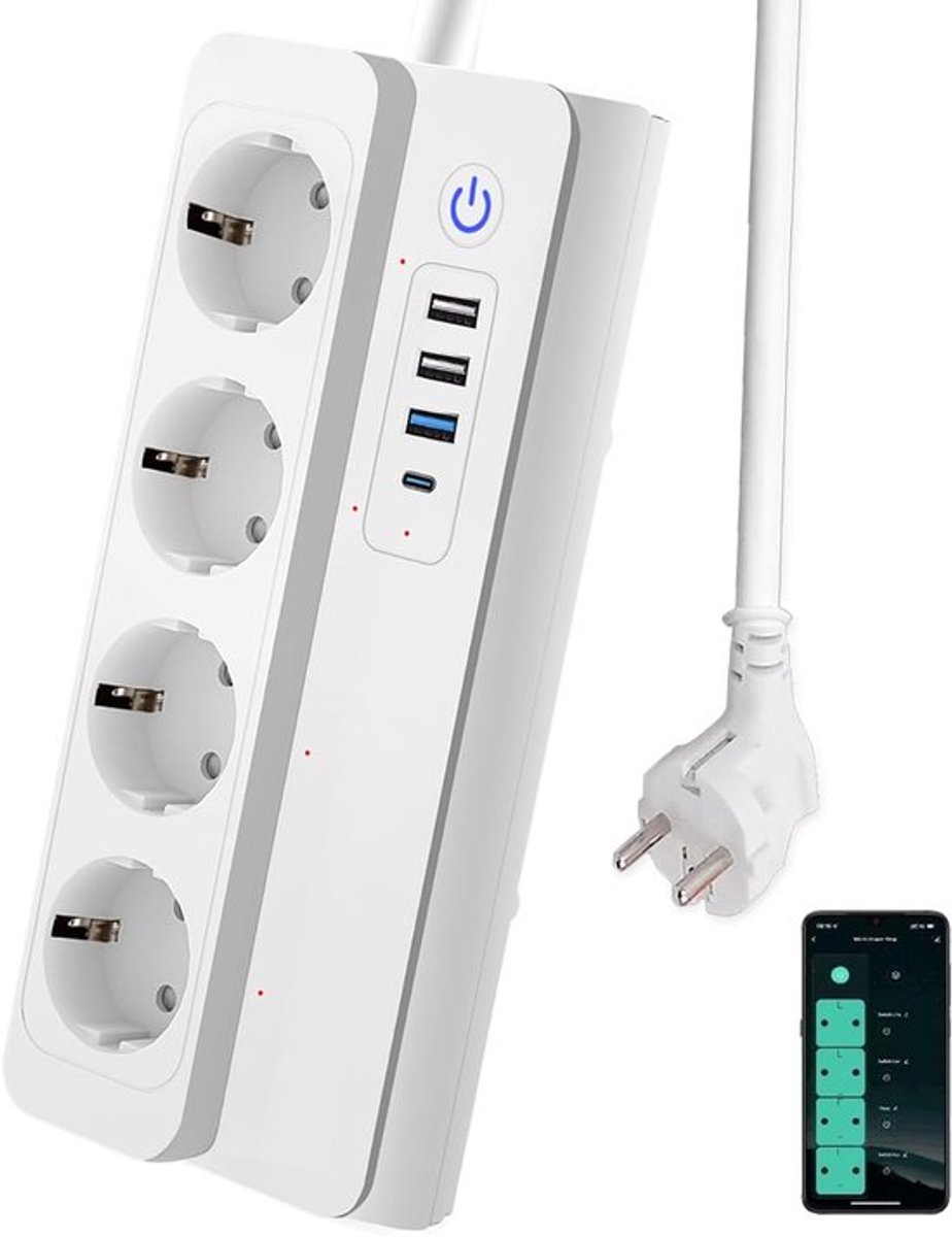 Smart stekkerdoos 3.0 met 4 AC-aansluitingen, 1 USB-C snellader (PD 20 W) en 3 USB-A, 16 A