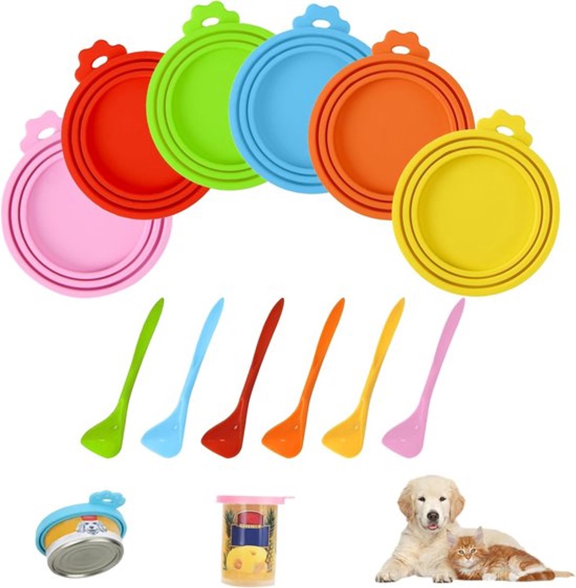 Deksels voor blikken voor huisdieren - 6 stuks - Deksels voor blikken - Deksels voor hondenvoer - Met 6 lepels - Deksels voor versheid - Deksels voor het afsluiten van katten- en hondenvoer