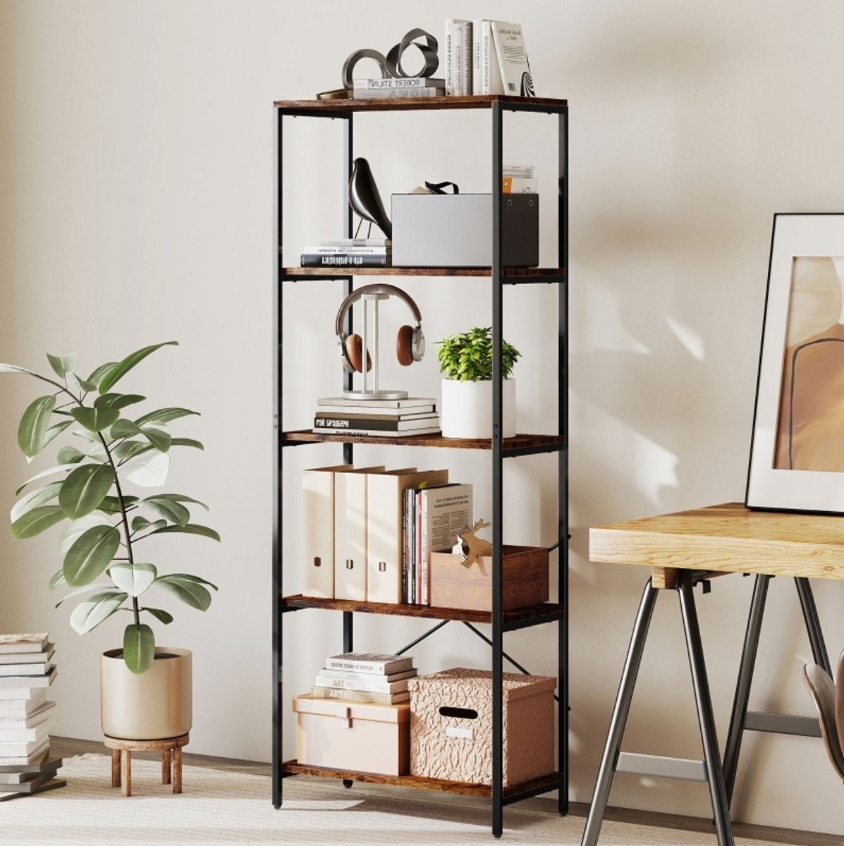 MIVRAY Boekenkast – Open 5 Niveaus Met X-Rug – 79 X 35 X 161 Cm – Metaal En Melamine – Rustic Brown – Industrieel Voor Woonkamer En Kantoor