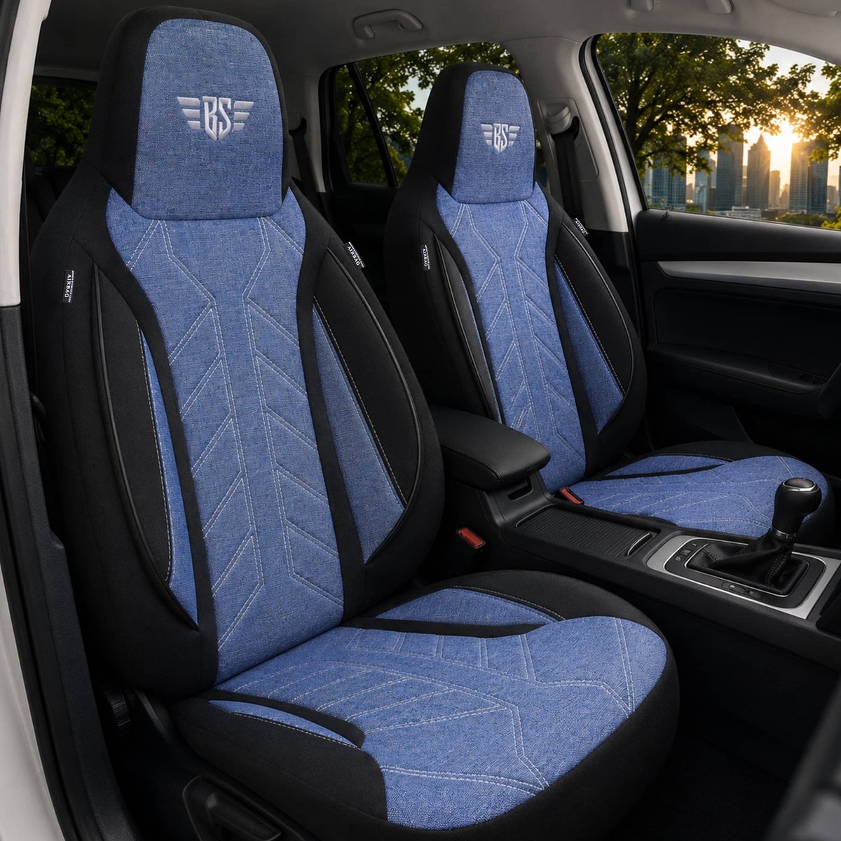 Autostoelhoezen voor Volvo XC90 BJ 2002-14 – Stoelhoezen voor bestuurder en passagier in Zwart/Blauw