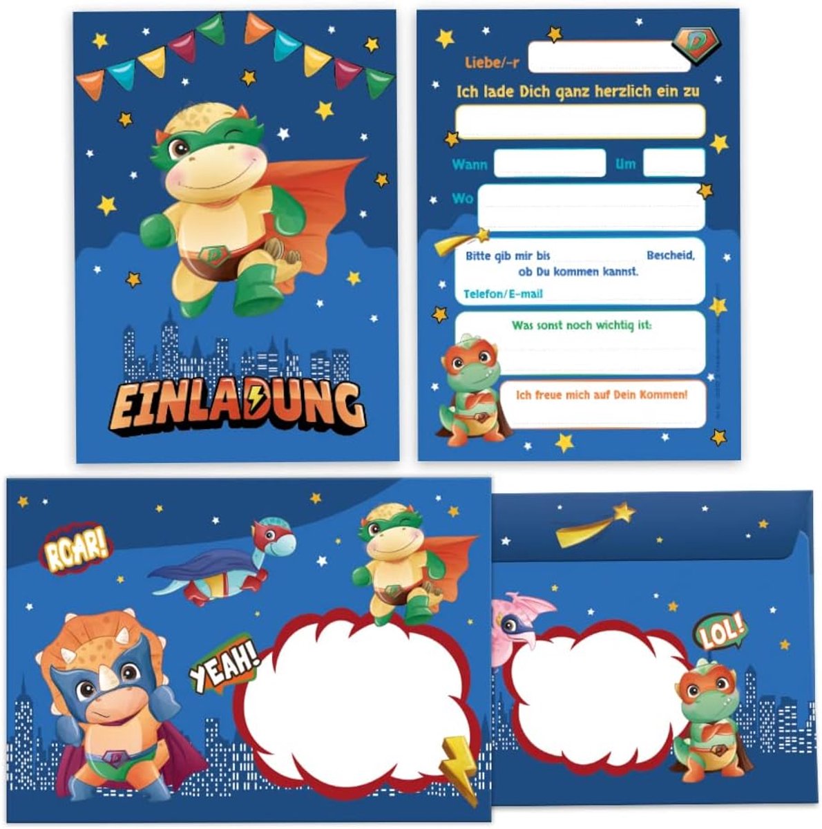 uitnodiging kaarten voor kinderfeestje - dino thema - 12 kaarten met enveloppen - leuk voor jongens - ShopVlot