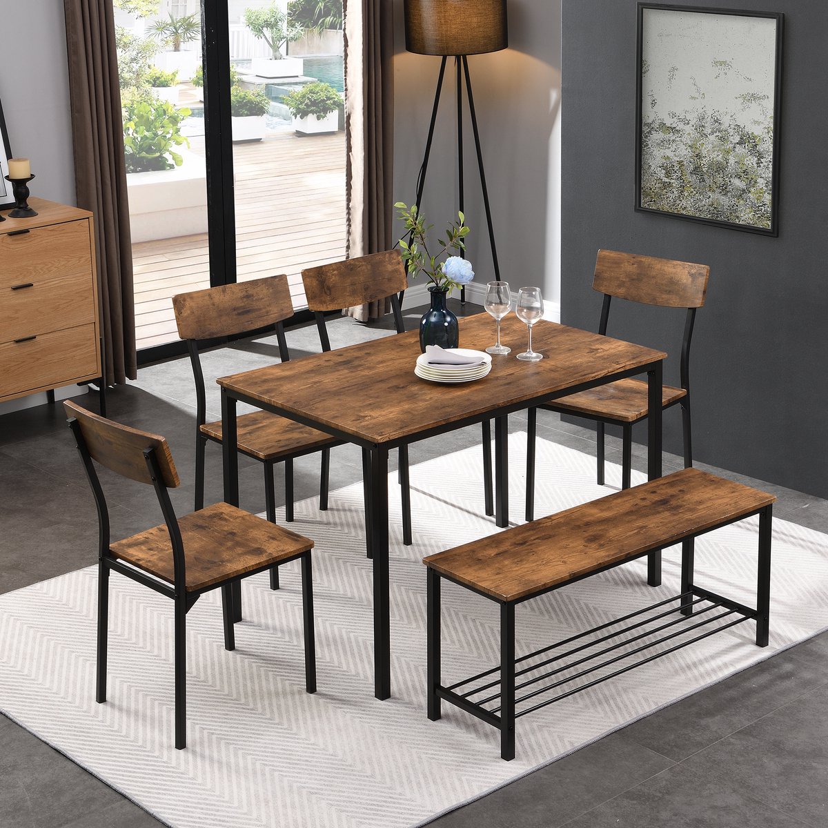 Eettafel Set 6 Delig - Industriële Eettafel Met 4 Stoelen En Bank - Bruine Houten Tafel Met Zwart Metalen Frame Voor Keuken En Woonkamer