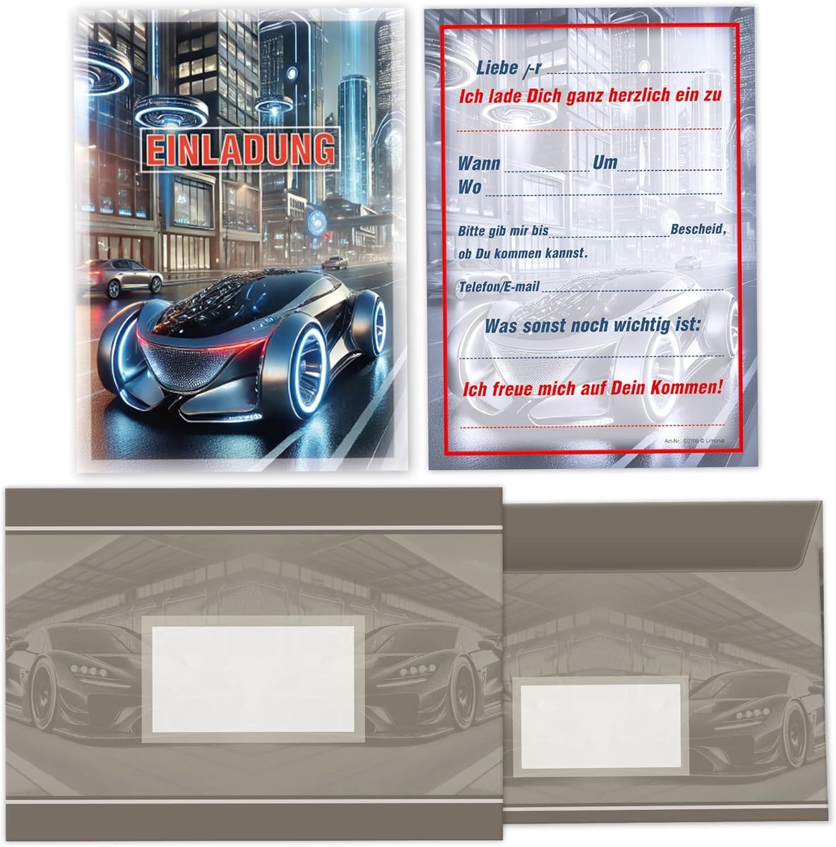 Uitnodigingen voor kinderfeestje - 12 kaarten met enveloppen - Raceauto motief - Perfect voor autoliefhebbers - ShopVlot