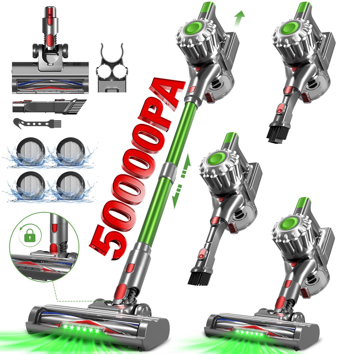 Fukstern Steelstofzuiger Draadloos – 50 kPa Sterke Zuigkracht – Tot 60 Min Accuduur – Anti-haarwikkel Vloerborstel – Inclusief 4 HEPA-filters – 1,6L Stofreservoir – Groene LED Stofdetectieverlichting – Groen