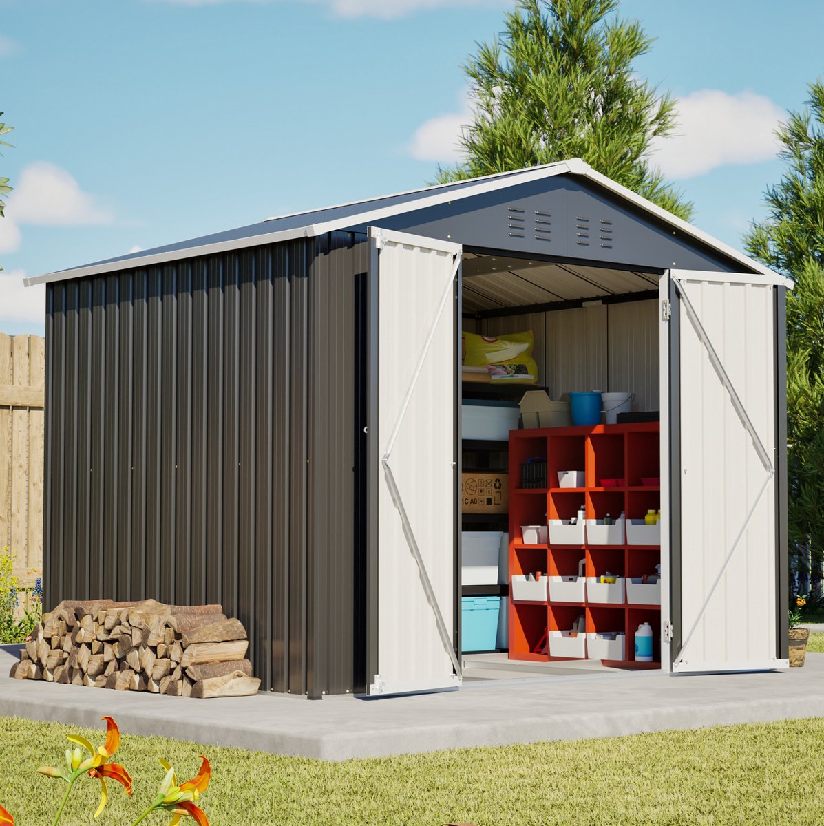 MIVRAY Berging – Afsluitbaar Met Ventilatie En Schuifdeur – 240,4 X 192,3 X 191 Cm – Metaal – Zwart – Voor Tuingereedschap En Opslag
