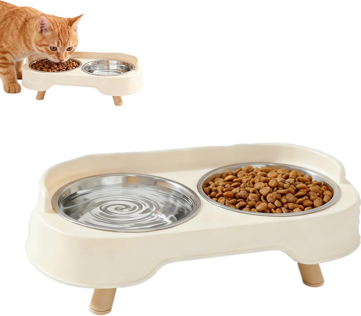 Verhoogde kattenbak met voer- en waterbak - Rvs schalen - Spatbescherming - Comfortabel eten en drinken - ShopVlot