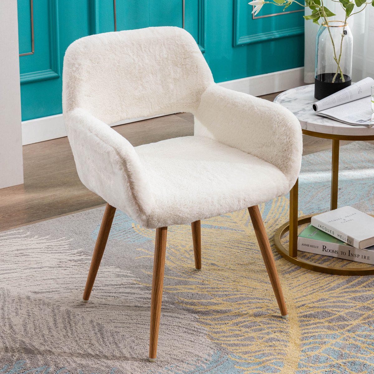 PHOEBE CAT Fauteuil - Make-upstoel - Eetkamerstoel - Kunstbontbekleding - Gelakte stalen poten - Wit