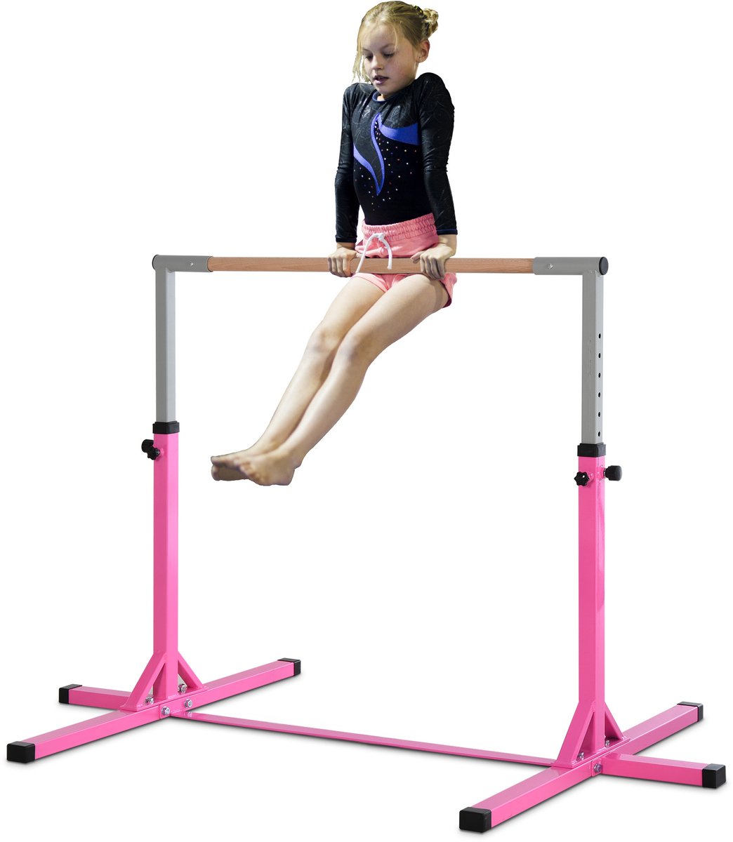 Turnstang voor kinderen – In hoogte verstelbaar in 13 standen (92–150 cm) – Houten turnstang – Stevig – Antislip – Eenvoudig te monteren – Roze