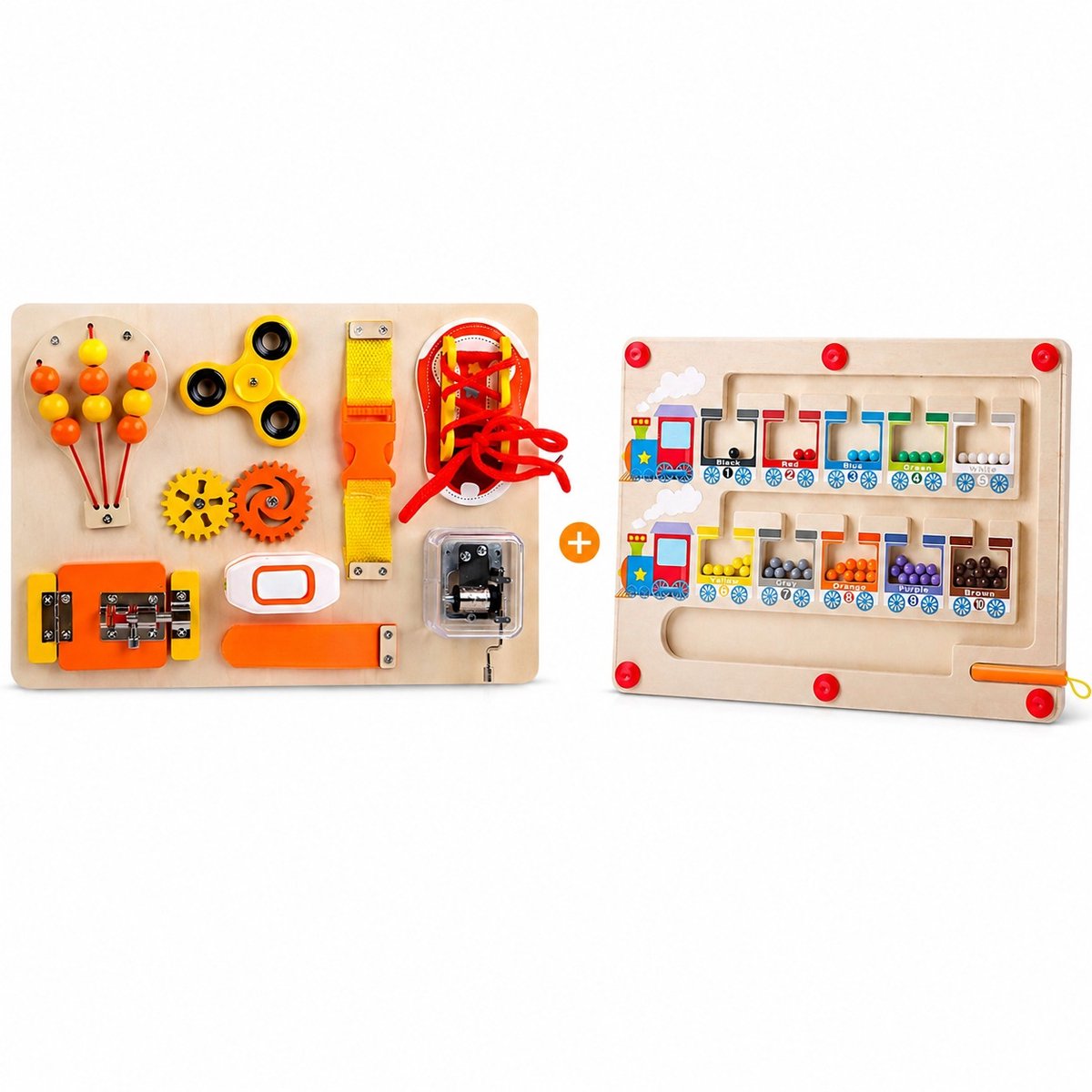 Busy Board & Magnetisch Doolhof Trein – Montessori Speelset 2-in-1 – Educatief Houten Speelgoed – Fijne Motoriek – Sensorisch Speelgoed – Reisspeelgoed – Speelgoed 1 jaar – Speelgoed 2 jaar – Speelgoed 3 jaar