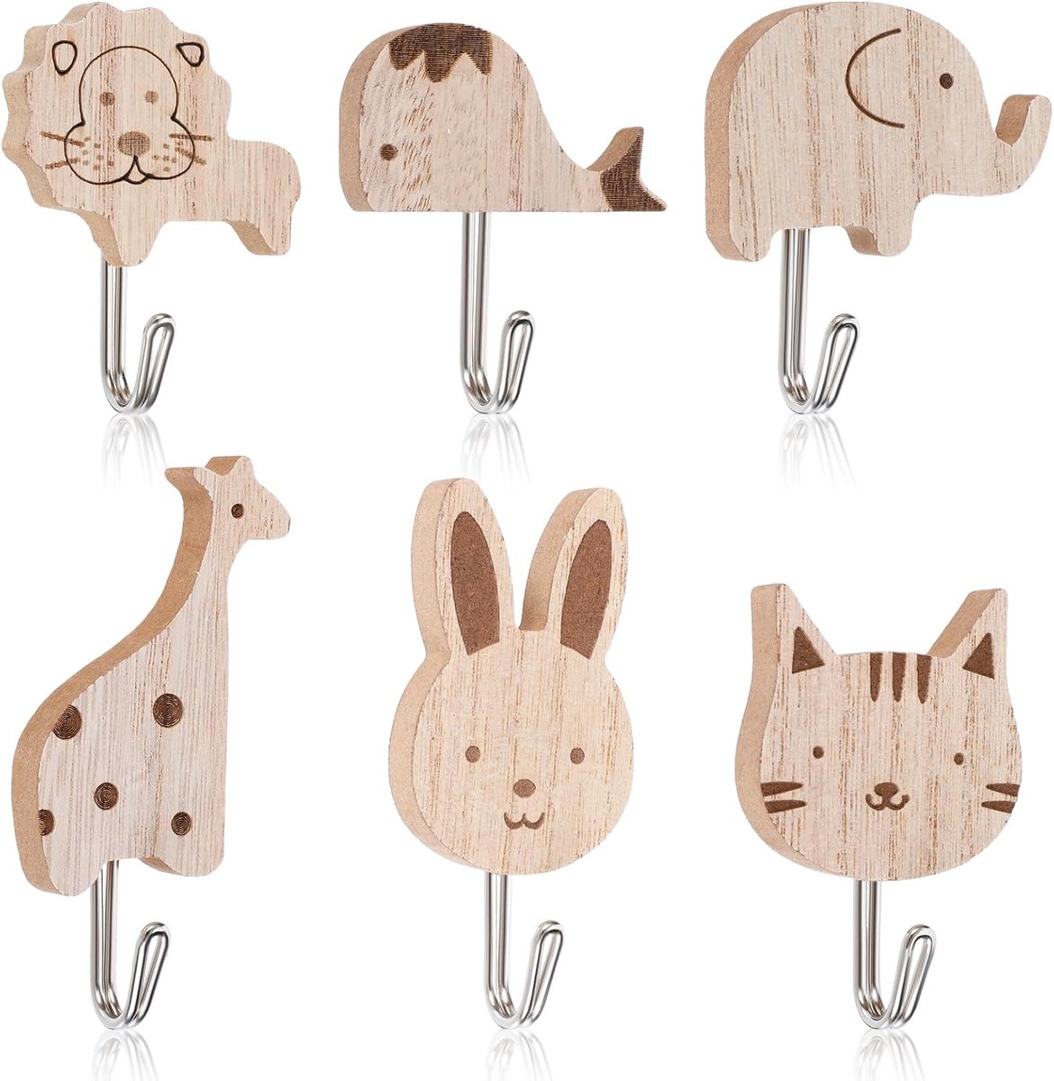 Dopenspi kindergarderobehaken 6 stuks - houten dierenmotieven - zelfklevend - voor kinderkamer en babykamer - ShopVlot