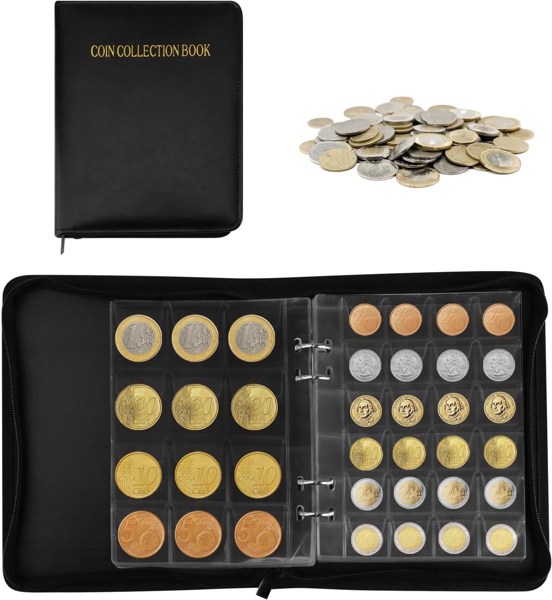 Muntalbum 600 Compartimenten - 20 Pagina's 3 cm + 10 Pagina's 4 cm - Voor Euro's, Badges en Medailles - ShopVlot