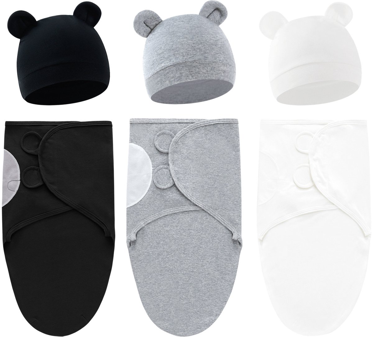 Set van 3 babywikkeldekens, 100% katoen, zacht en ademend, met schattige capuchons. Geschikt voor baby's van 0-3 maanden en pasgeborenen om schrikreacties te voorkomen,Set 12