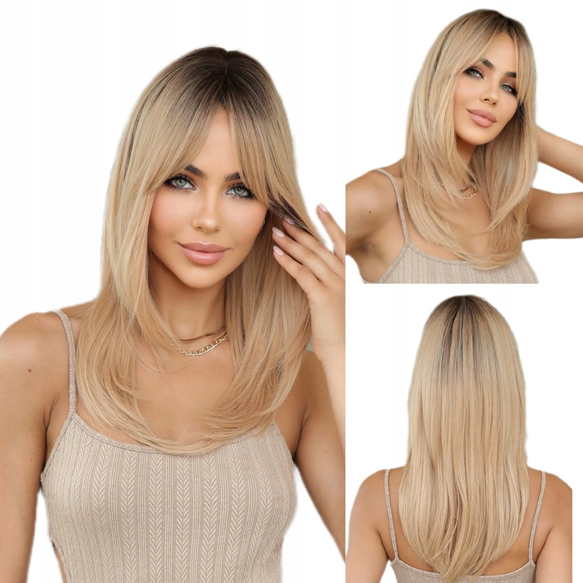 Damespruik Ombre Blond lang haar met pony 50 cm synthetisch