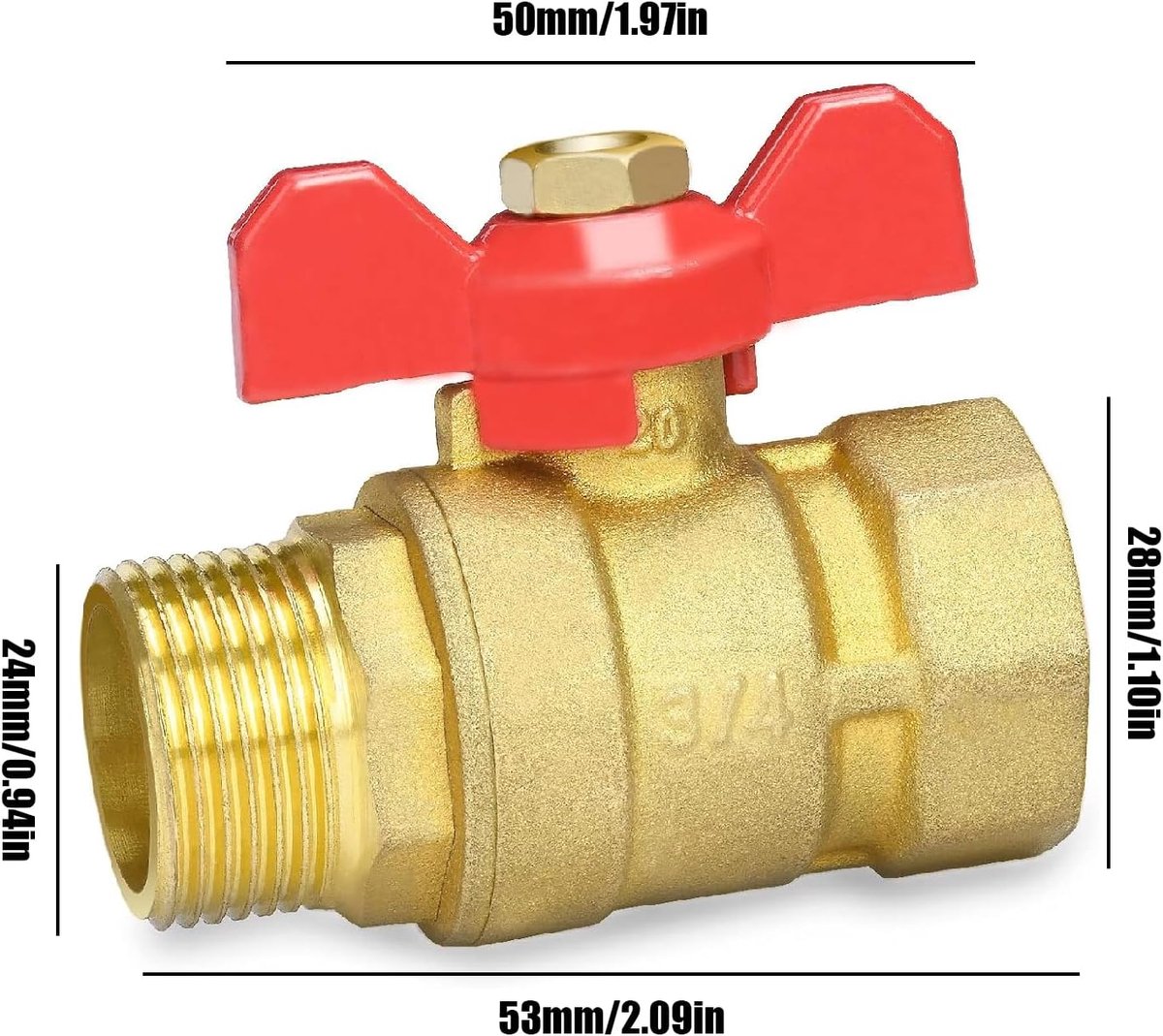 Brass ball valve 3/4 inch with red wing handle, external shut-off valve/female thread full pass DN20 PN16 ball valve - ShopVlot